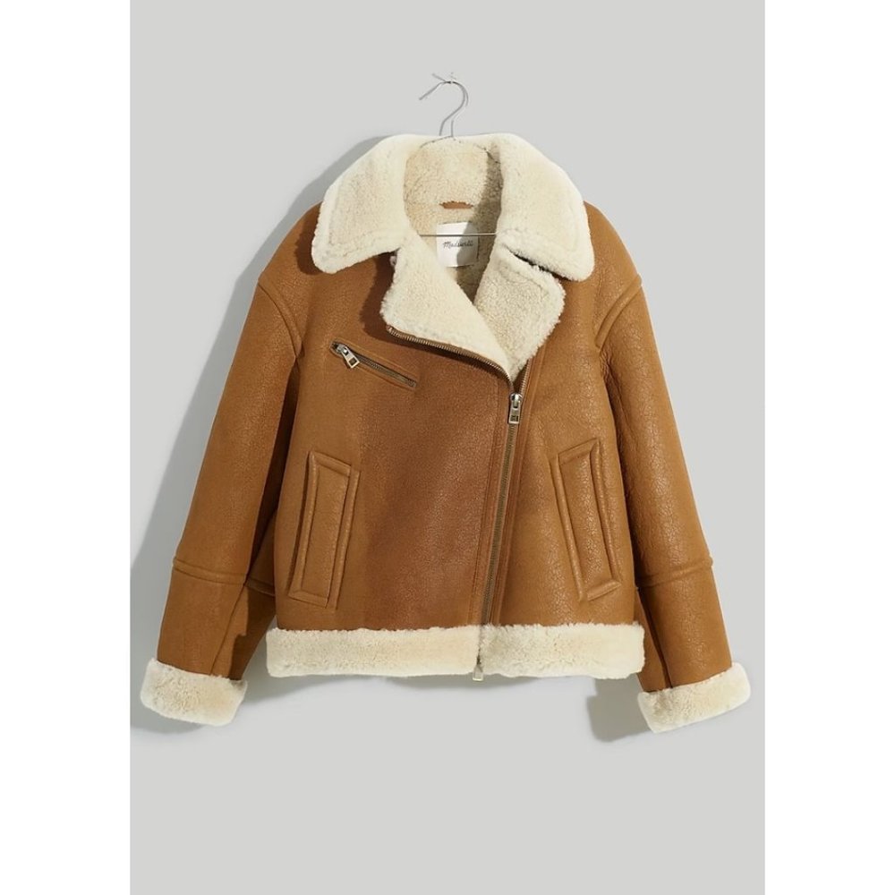 Madewell Womens Oversized Shearling Motorcycle Jacket Acorn Size XL EUC!!